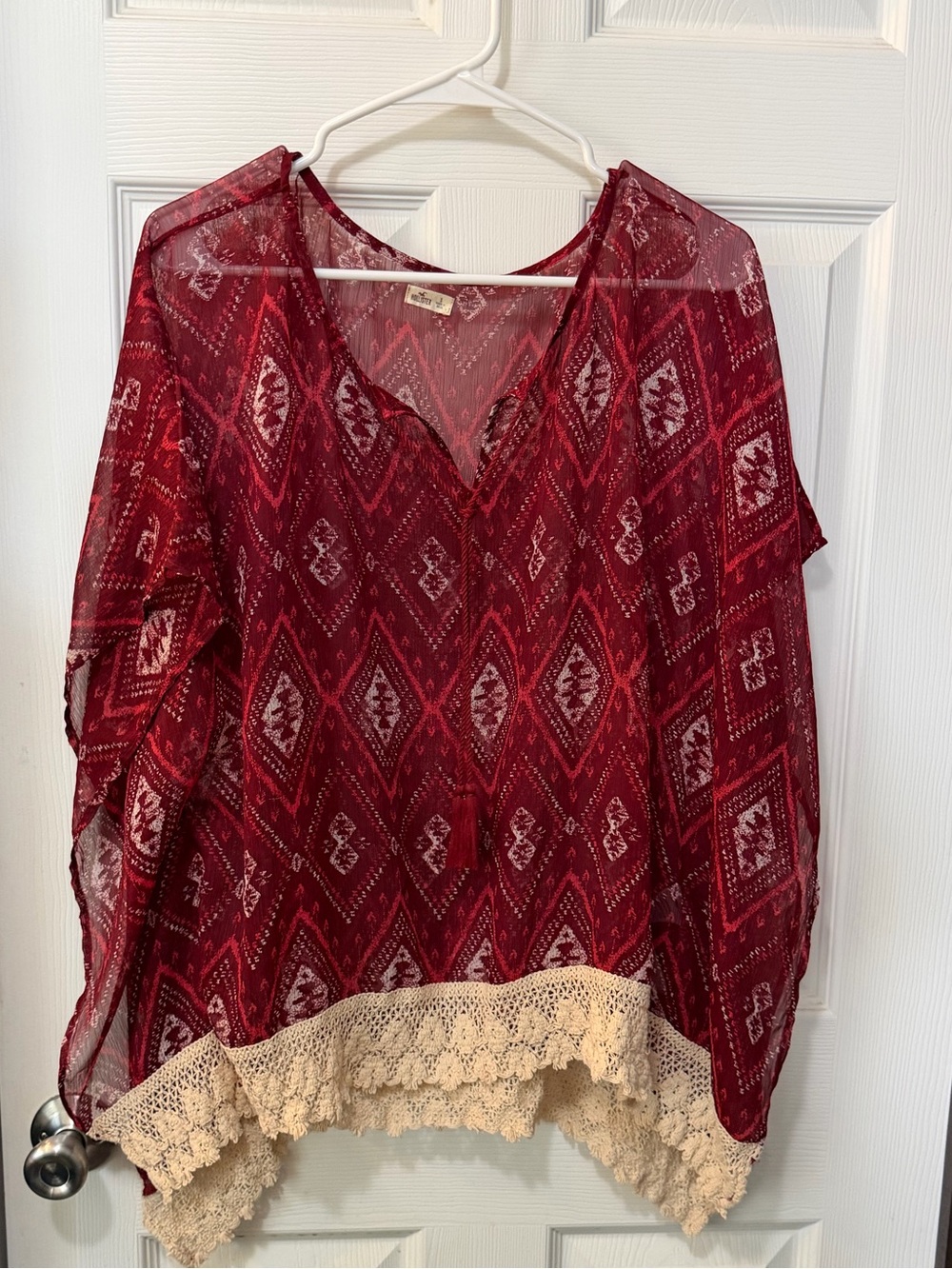 Hollister Red Boho Geometric Sheer Poncho Top Lace Hem S